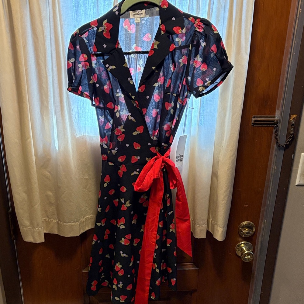Unique Vintage Black and Red Strawberry Print Midi Dress